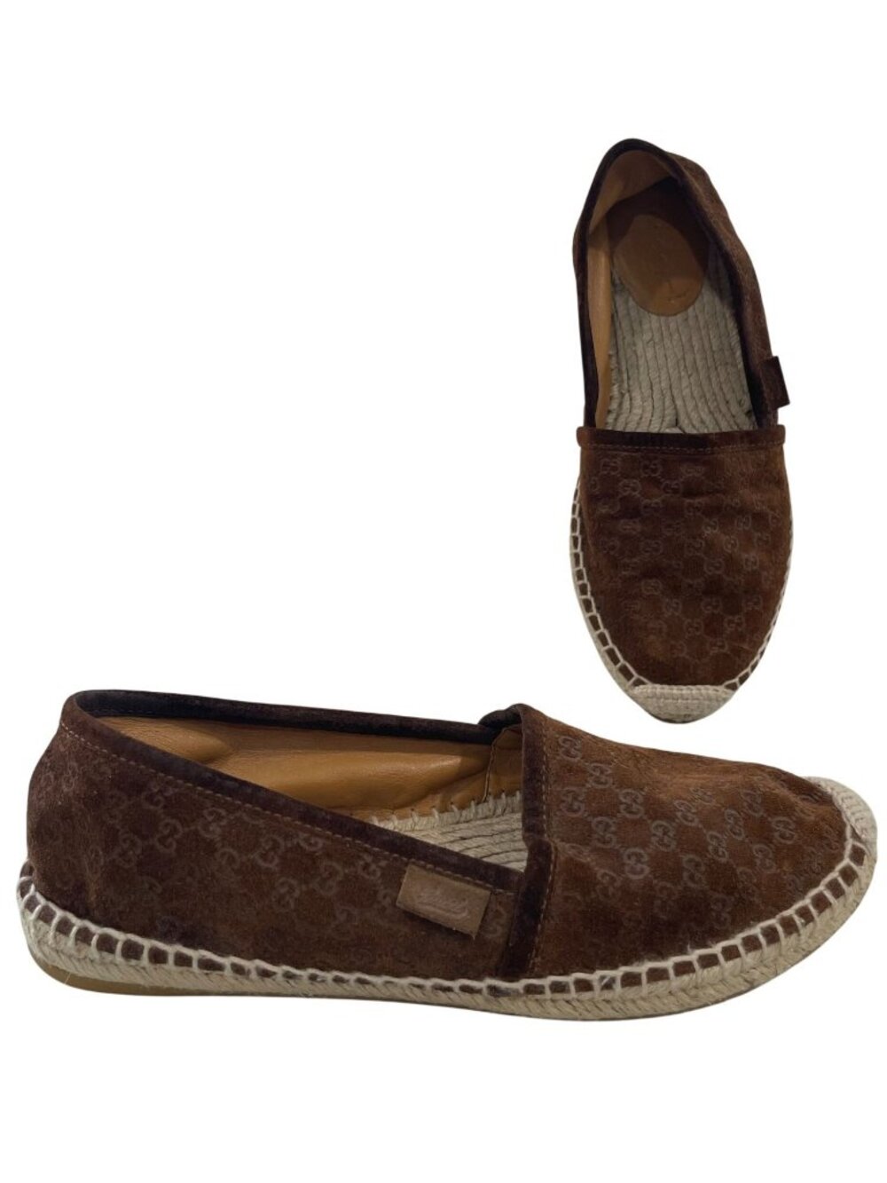 Gucci Espadrilles Suede Shoes 35 Brown Neutral Resort Monogram GG Logo Luxury